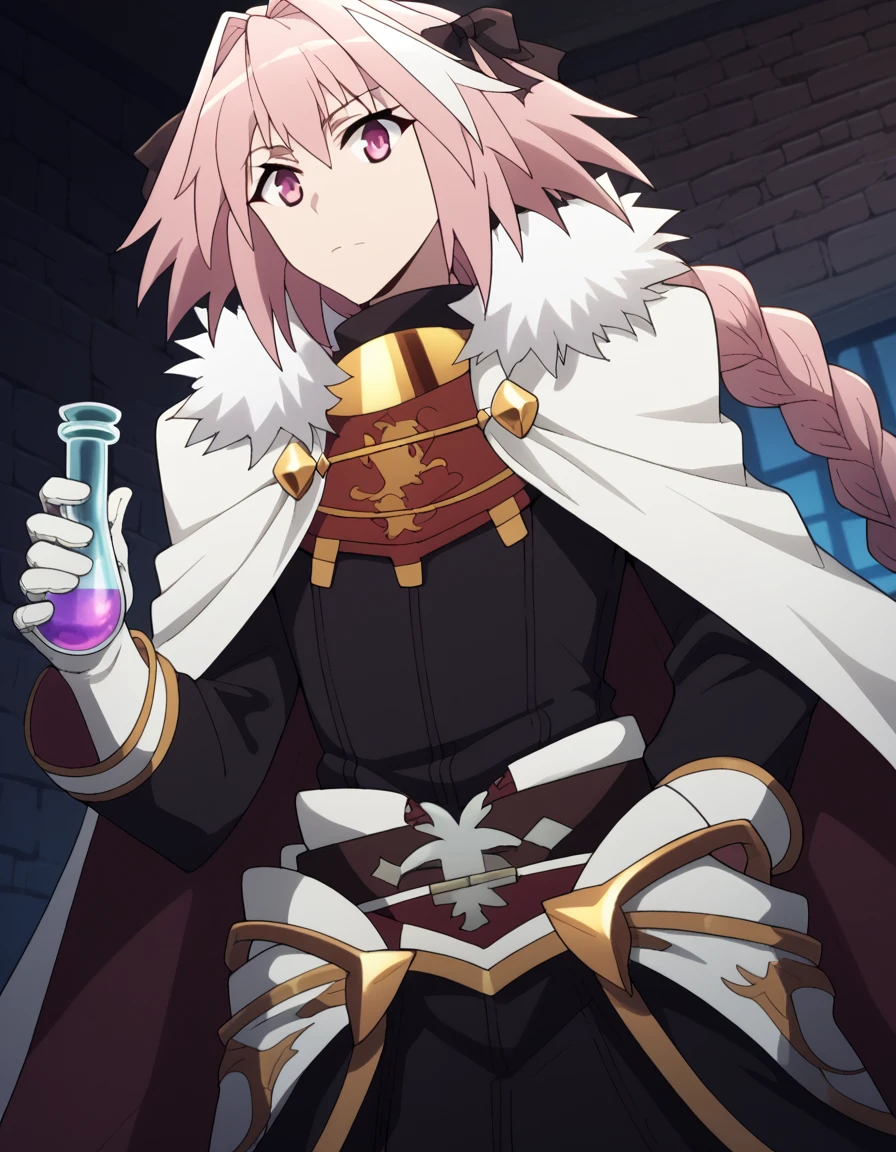 score_9, score_8_up, score_7_up, source_anime, <lora:astolfo-apocrypha-s1-ponyxl-lora-nochekaiser:1>, astolfo, long hair, pink eyes, hair ribbon, pink hair, braid, ahoge, white hair, male focus, multicolored hair, streaked hair, single braid, otoko no ko, long braid,, <lora:wizard-ponyxl-lora-nochekaiser:1>, wizard, wizard hat, robe, dress, long sleeves, gloves,, indoors, bricks, potion, flask, vial,, cowboy shot,, , dutch angle, cowboy shot