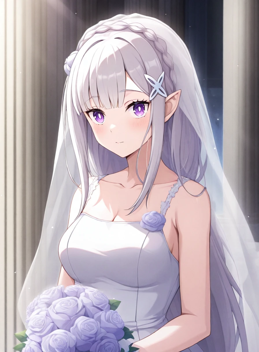 (Score_9,  score_8, score_6, score_7:0.6), masterpiece, best quality, good quality, newest, highly detailed 2d art, light particles, beautiful shading, textured skin, textured hair, individual hair strands, hair strands, messy hair, Emilia, grey hair, purple eyes, pointy ears, blue pupils, bridal veil, wedding dress, anime screenshot, official art, long hair, crown braid, x hair ornament, hair flower, <lora:Illustrious-Emilia-AIO-Dora-V1:0.8>, collarbone,