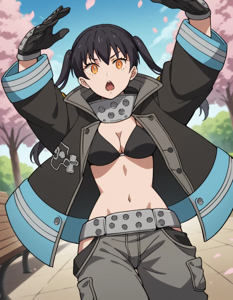 Tamaki (Fire Force), Black bikini, Black Jacket with blue stripes tamaki, twintails, black hair, yellow eyes, bangs, long hair, hair between eyes, full body, lovely 