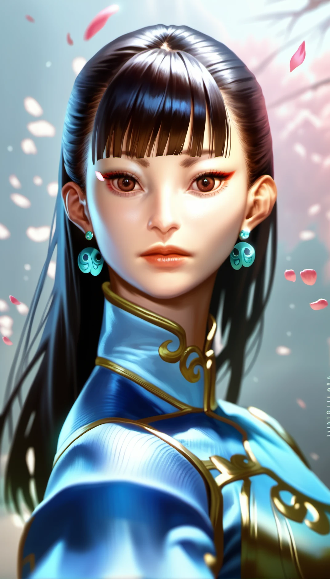 score_9,score_8_up,score_7_up,
<lora:chunli:0.9>,
sf6chunli,
realistic,
1girl,solo,
black hair,long hair,bangs,green earrings,
brown eyes,looking at viewer,parted lips,
light blue qipao,
portrait,
blurry background,light particles,lens flare,bloom,simple background,falling petals,