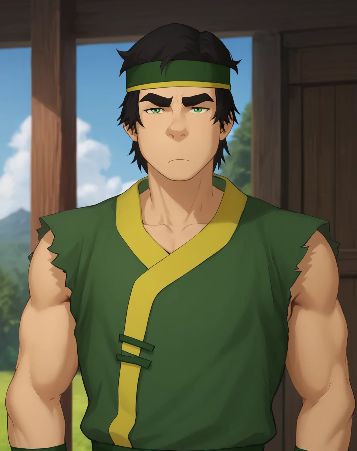 score_9, score_8_up, score_7_up, <lora:Tu:0.8>,   smooth lines, countershading, soft shading, 2d, extreme detail, 4K, high definition, high resolution, 1boy, solo, Tu, black hair, green eyes, thick eyebrows, headband, earth kingdom clothing, sleeveless shirt, wristband, bored, looking at viewer, medium shot, outdoors, muscular,