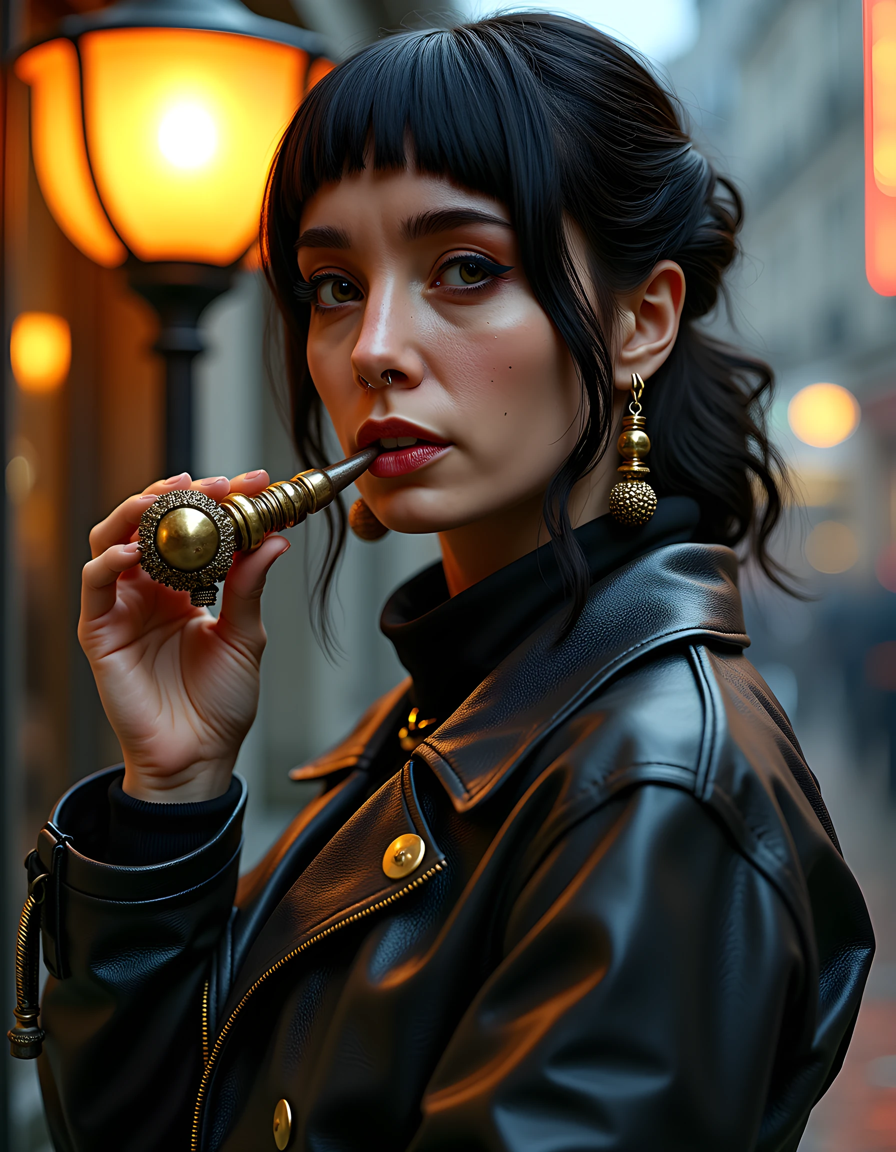 In a gritty, neo-noir setting, H4R0P0N3S, a woman with raven-black hair cascading in loose curls down her shoulders, wears a striking, steampunk-inspired ensemble of brass and leather accents, her lips painted a bold, fiery red. Her piercing eyes, framed by heavy black eyeliner and long, spiked lashes, sparkle with an air of mystery. A pair of ornate, steampunk earrings dangle from her ears, reflecting the dim, amber glow of a flickering gas lamp behind her. She stands in a dramatic three-quarter profile, her body slightly twisted and one hand hidden in the folds of her elaborate coat, her fingers adorned with intricate, gleaming jewelry that catches the light as she takes a puff from an antique, brass pipe, exuding a confident, enigmatic allure amidst the foggy, rain-soaked streets of a dystopian cityscape at twilight.