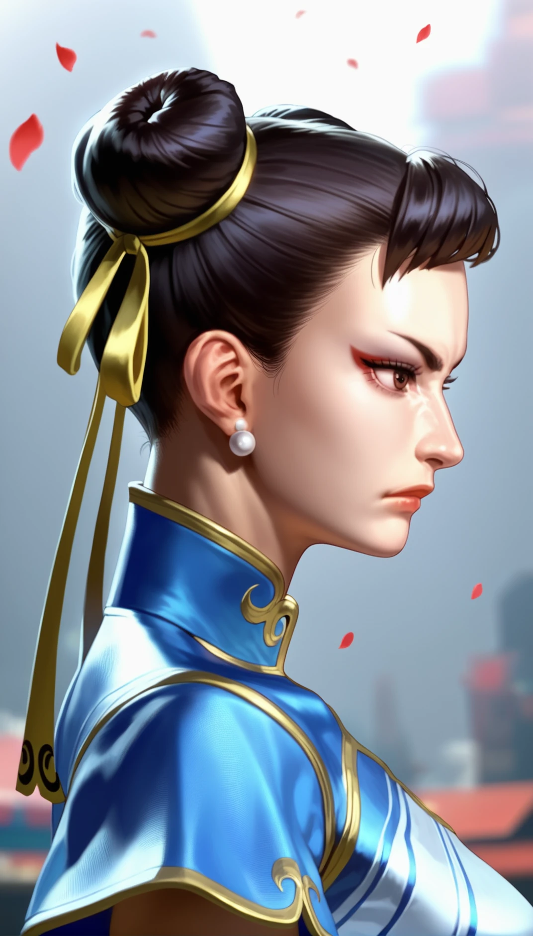 score_9,score_8_up,score_7_up,
<lora:chunli:0.9>,
sf6chunli,
realistic,
1girl,solo,black hair,double bun,yellow hair ribbon,pearl earrings,brown eyes,looking to the side,serious face,light blue qipao,portrait,
blurry background,light particles,lens flare,bloom,simple background,falling petals,