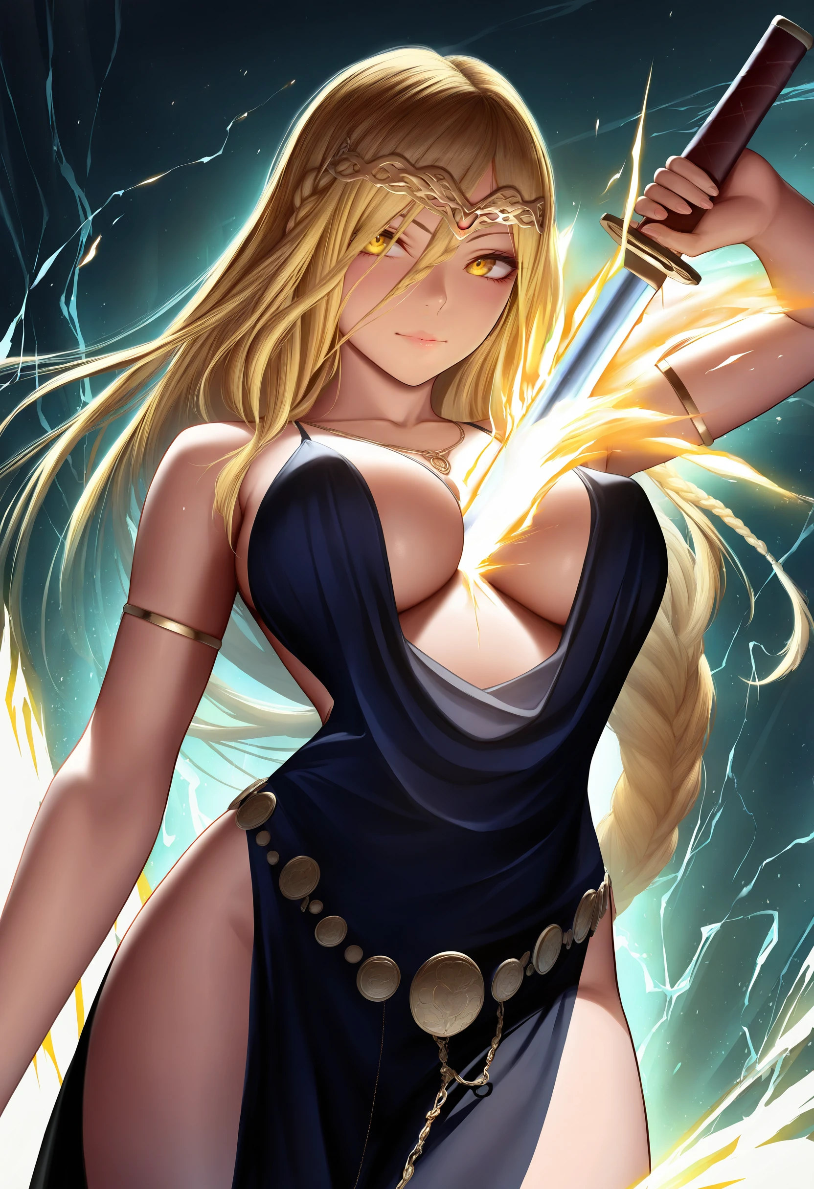 artist:bigpeaches, artist:lun7732, artist:tanabe kyou, artist:antechinus, realistic, masterpiece, best quality, 1girl, QueenMarika, yellow eyes, single braid, jewelry, necklace, forehead jewel, armlet, black dress, cleavage, pelvic curtain, <lora:QueenMarika_illusXL_Incrs_v1.1:1>, human scabbard, holding, holding weapon, holding sword, electricity, cleavage,