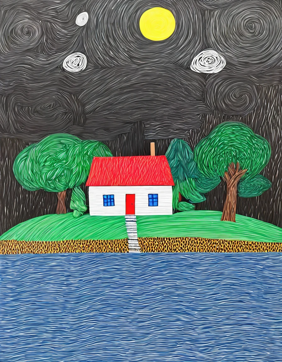 novuschroma style cottage by the water naive art