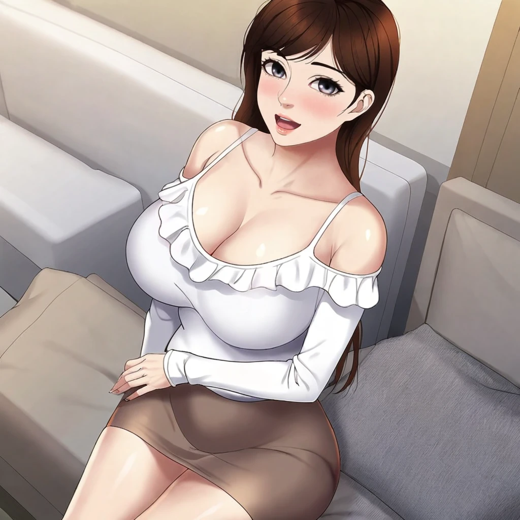 <lora:YeonSu_pony_v1:.8> YeonSu, 1girl, large breasts, cleavage, brown hair, brown skirt, white shirt, long hair, bare shoulders, off-shoulder shirt, thighs, off shoulder, collarbone, miniskirt, bangs, long sleeves, mature female, cowboy shot