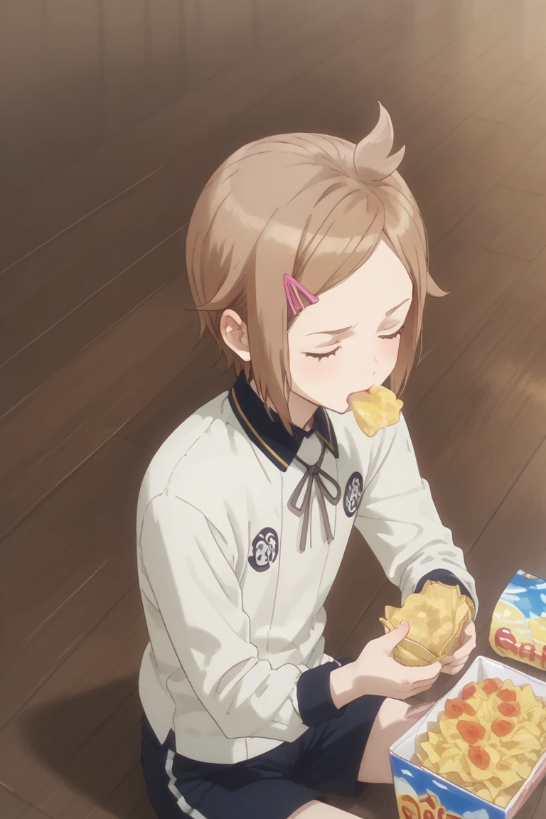 score_9, score_8_up, score_7_up, score_6_up, Houchou toushirou, brown hair, brown eyes, hanamaru style, 1boy, male focus, solo, closed eyes, food, chips (food), open mouth, eating, sitting, potato chips, shorts