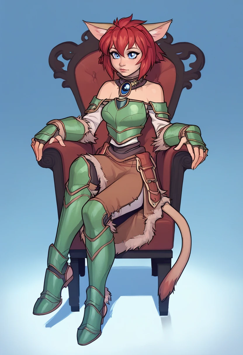 marinbravesoul, 1girl, solo, sitting on a chair, blue eyes,  full body shot, cat ears, cat tail, red hair, green armor, bare shoulder, brown skirt,  fur chocker,  indoor, fantasy towern, dontstarvestyle,  <lora:MarinBraveSoulV2_telr0.0003:0.9>, <lora:Incase_PDXLV1:0.8> ,InCasestyle,, score_9, score_8_up, score_7_up,