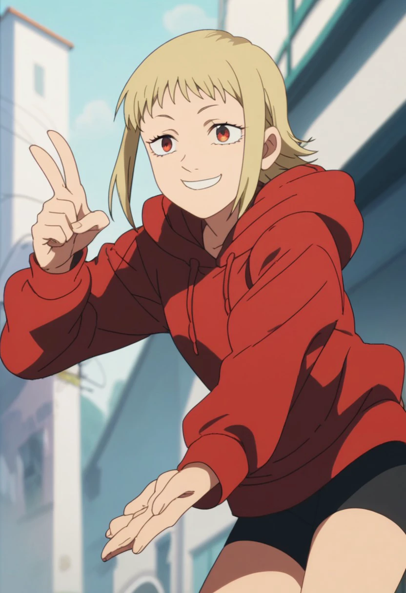 score_9,score_8_up,score_7_up,score_6_up,source anime, anime screencap,
sawatari akane, solo, 1girl, red hoodie, long sleeves, black shorts, bike shorts, smile