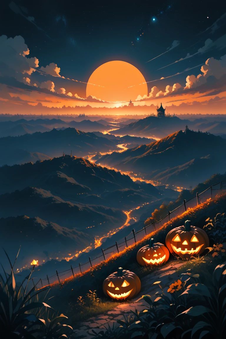 score_9, score_8_up, score_7_up, source_anime, rating_safe, night, dark, pumpkin, Halloween, jack-o-lantern, natural lighting, rolling hills focus, CandiRH, RH_1stclutter, orange hills, wide shot, negative space, scenery, intricately detailed illustration, depth of field, atmospheric perspective, realistic shading, orange theme, horror (theme)