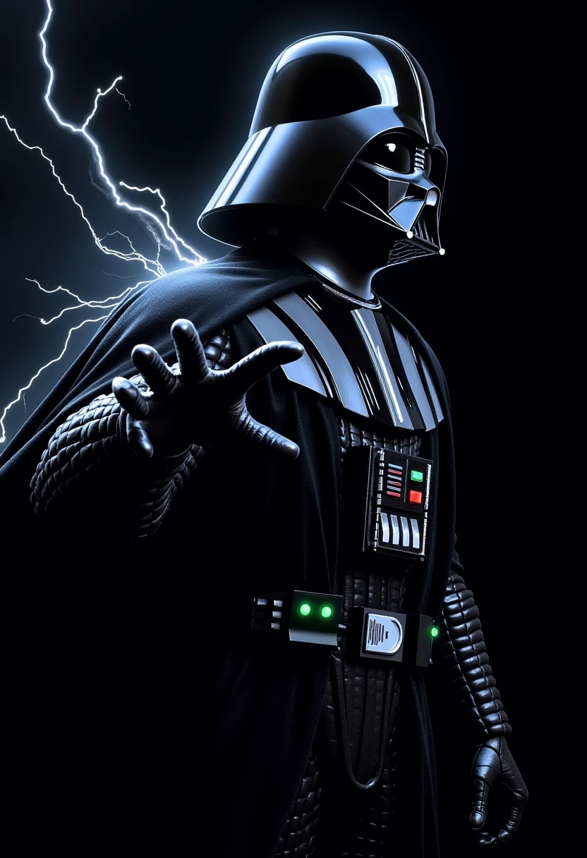 The image is a realistic photograph, dramatic style, showcasing Darth Vader, a character from the Star Wars franchise. Vader is depicted in his iconic black armor, with a menacing helmet that covers his head. Darth Vader his body is run through with electricity making his skeleton visible. His armor is sleek and glossy, with a high sheen that catches the light, electric shock. 