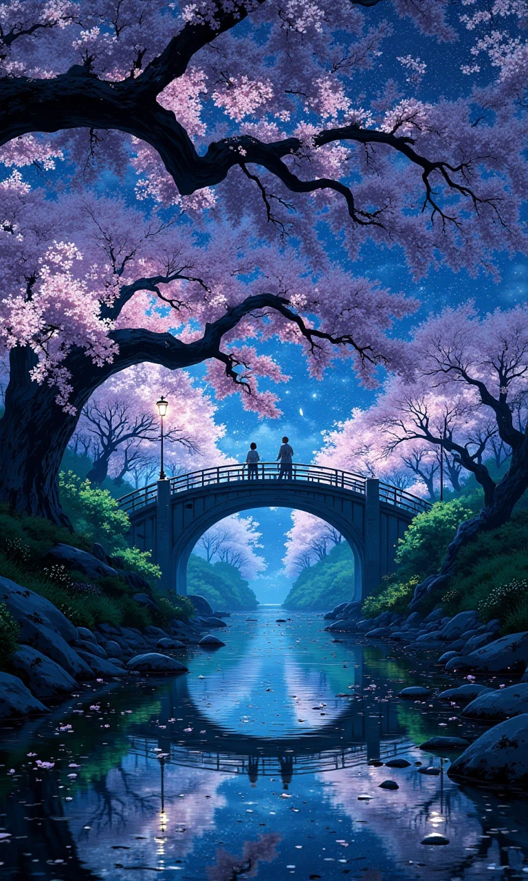 andscape shot with blue hour shot of night shot of two people walk the bridge under a large cherry blossom, in the style of atmospheric paintings, gray and aquamarine, airbrush art, dark white and dark gray, lovely, ultra quality, ultra detailed. Dark, lit, moody, mysterious. Cool light, twilight, peaceful, moody. Scenic, outdoors, grand, beautiful 