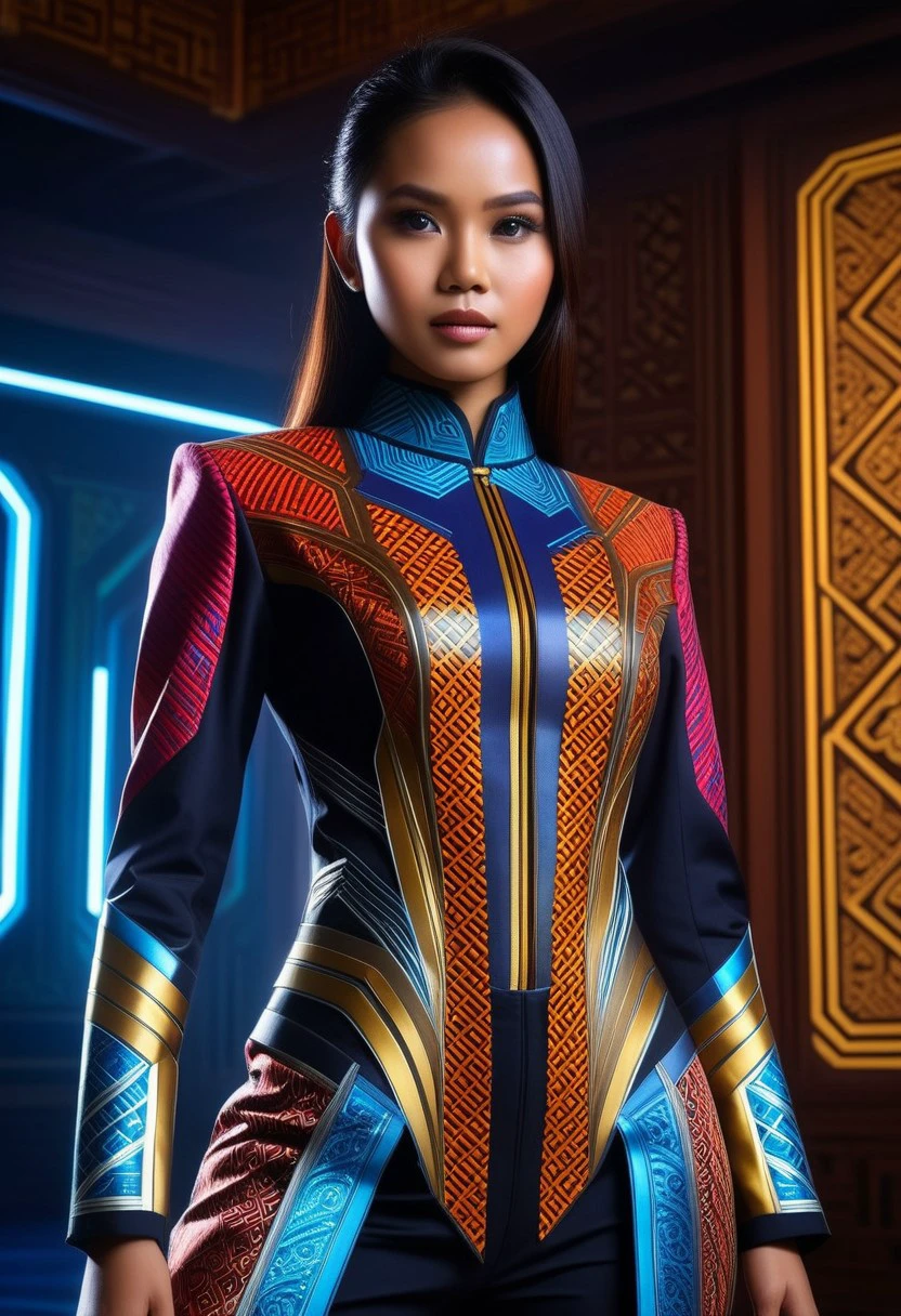 (high quality), (masterpiece), (detailed), 8K, Hyper-realistic painting of a young Indonesian woman wearing a futuristic suit that blends traditional patterns and vibrant colors, showcasing the rich heritage of Indonesia. She stands confidently in a dynamic pose, her detailed eyes reflecting determination and curiosity. The suit's material is a combination of traditional textiles and futuristic synthetic fabrics, giving it a unique and avant-garde appearance. Physically-based rendering techniques create realistic lighting and shadows, while the vivid colors capture the essence of Indonesian cultural aesthetics. The background features a fusion of modern architecture and traditional elements, creating a harmonious blend of the past and the future. This artwork explores the intersection of Indonesian culture, futuristic design, and the artistic representation of a confident girl.