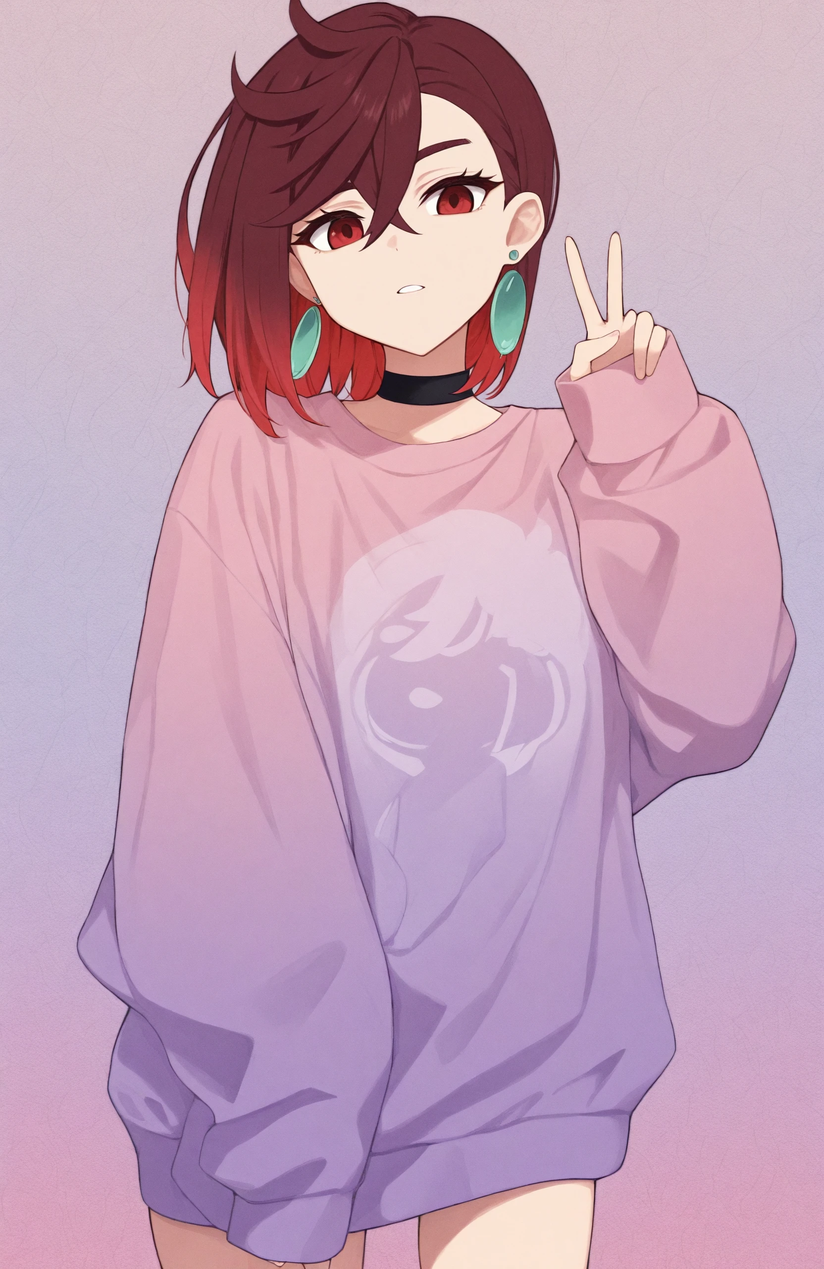 (Score_9,  score_8, score_6, score_7:0.6), masterpiece, best quality, good quality, newest, AyaseM, 1girl, looking at viewer, short hair, collared shirt, long sleeves, red eyes, hair between eyes, jewelry, multicolored hair, cowboy shot, dangle earrings, red hair, brown hair, red streaks, swirls in background, colorful shirt, color pop, color bubbles, glowing, gradient hair, spot color, color splash, abstract background, abstract, parted lips, black choker, artist name, colorful abstract sweater, sleeves past wrists, v,  crossed bangs, single earring, long bangs, hair behind ear, print shirt, multicolored background, oversized clothes, leaning to the side, circle earring, streetwear, <lora:MomoAyase-Illustrious:1>