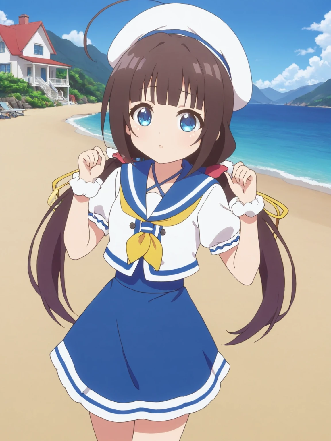 1girl,hinatsuru ai,solo,blue eyes,low twintails,ahoge,white beret,hair ribbon,summer_sailor_collar,neck strap,one side up,yellow neckerchief,puffy short sleeves,layered sleeves,white wrist scrunchie,blue skirt,mountain,hands up,sea,beach,house,<lora:Hinatsuru ai-SDXL-lora-2024.10.20-version1:0.55>,