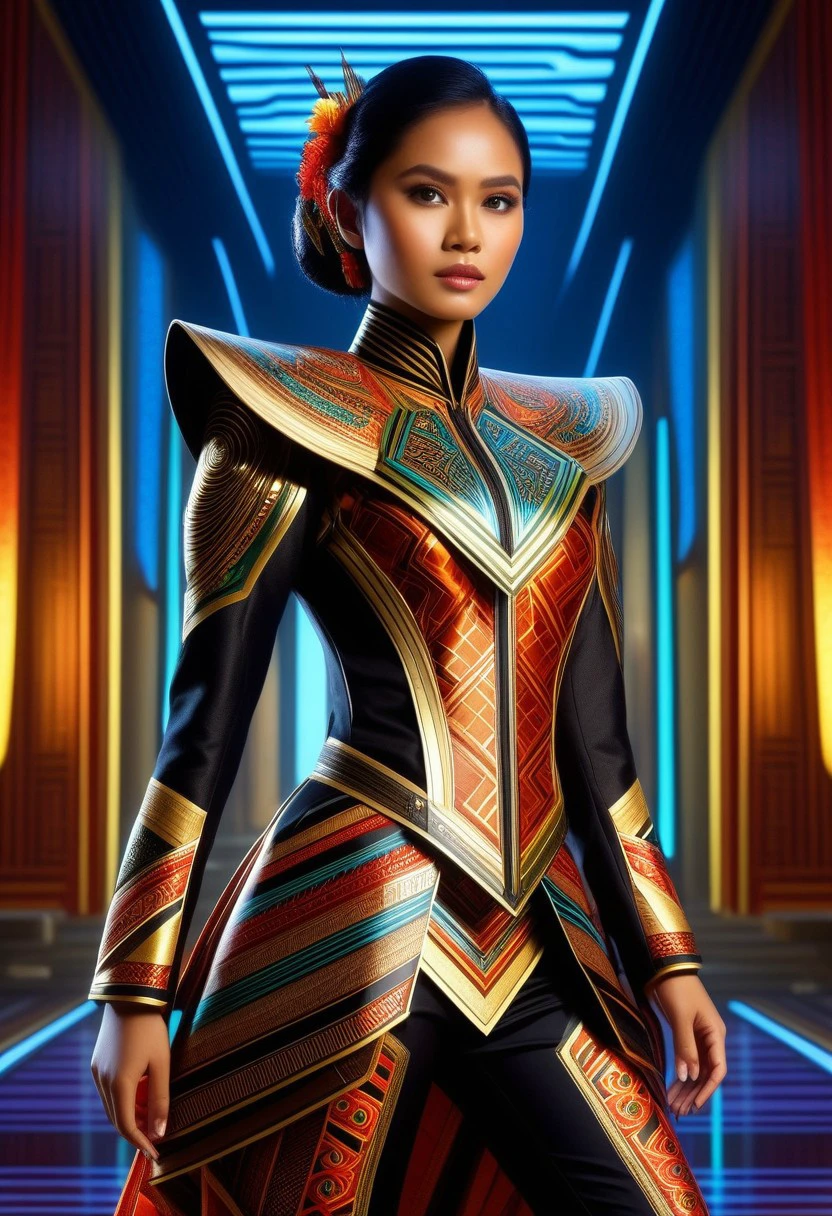 (high quality), (masterpiece), (detailed), 8K, Hyper-realistic painting of a young Indonesian woman wearing a futuristic suit that blends traditional patterns and vibrant colors, showcasing the rich heritage of Indonesia. She stands confidently in a dynamic pose, her detailed eyes reflecting determination and curiosity. The suit's material is a combination of traditional textiles and futuristic synthetic fabrics, giving it a unique and avant-garde appearance. Physically-based rendering techniques create realistic lighting and shadows, while the vivid colors capture the essence of Indonesian cultural aesthetics. The background features a fusion of modern architecture and traditional elements, creating a harmonious blend of the past and the future. This artwork explores the intersection of Indonesian culture, futuristic design, and the artistic representation of a confident girl.