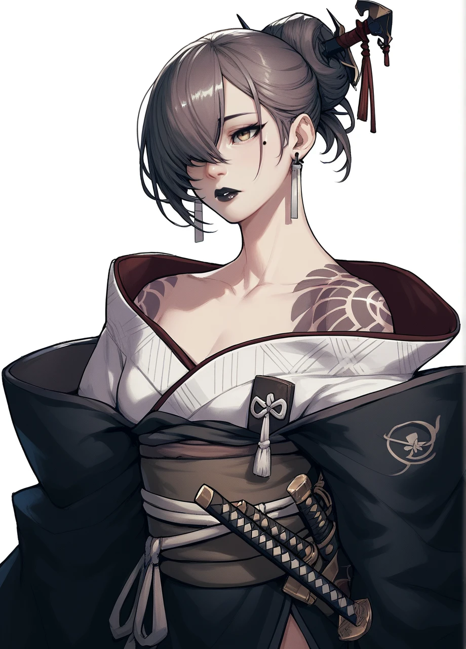 nierakeha, 1girl, solo, hair over one eye, hair bun, mole under eye, pale, black lipstick, earrings, hair stick, kimono, sash, katana:0.8, shoulder tattoo, japanese clothes, off shoulder, cowboy shot, red gloves, white background, anime <lora:Nier_Akeha-PONY:0.8>, score_8_up, score_7_up, score_6_up, score_5_up, score_4_up,