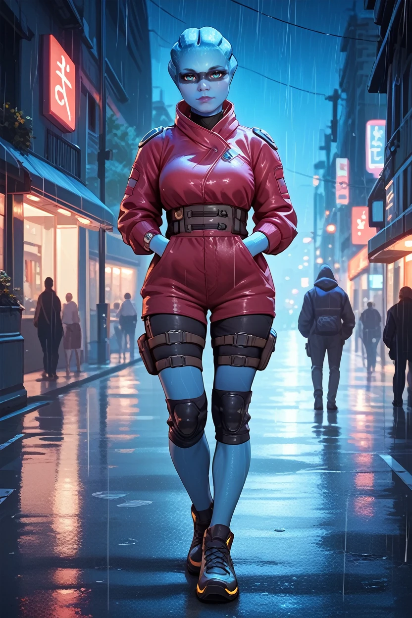 score_9, score_8_up, score_7_up,
<lora:MEAPeebee:0.8>
MEAPeebee, 1girl, blue skin, blue eyes, face paint, alien, looking at viewer, standing in the rain on a neon-lit city street at night, full body