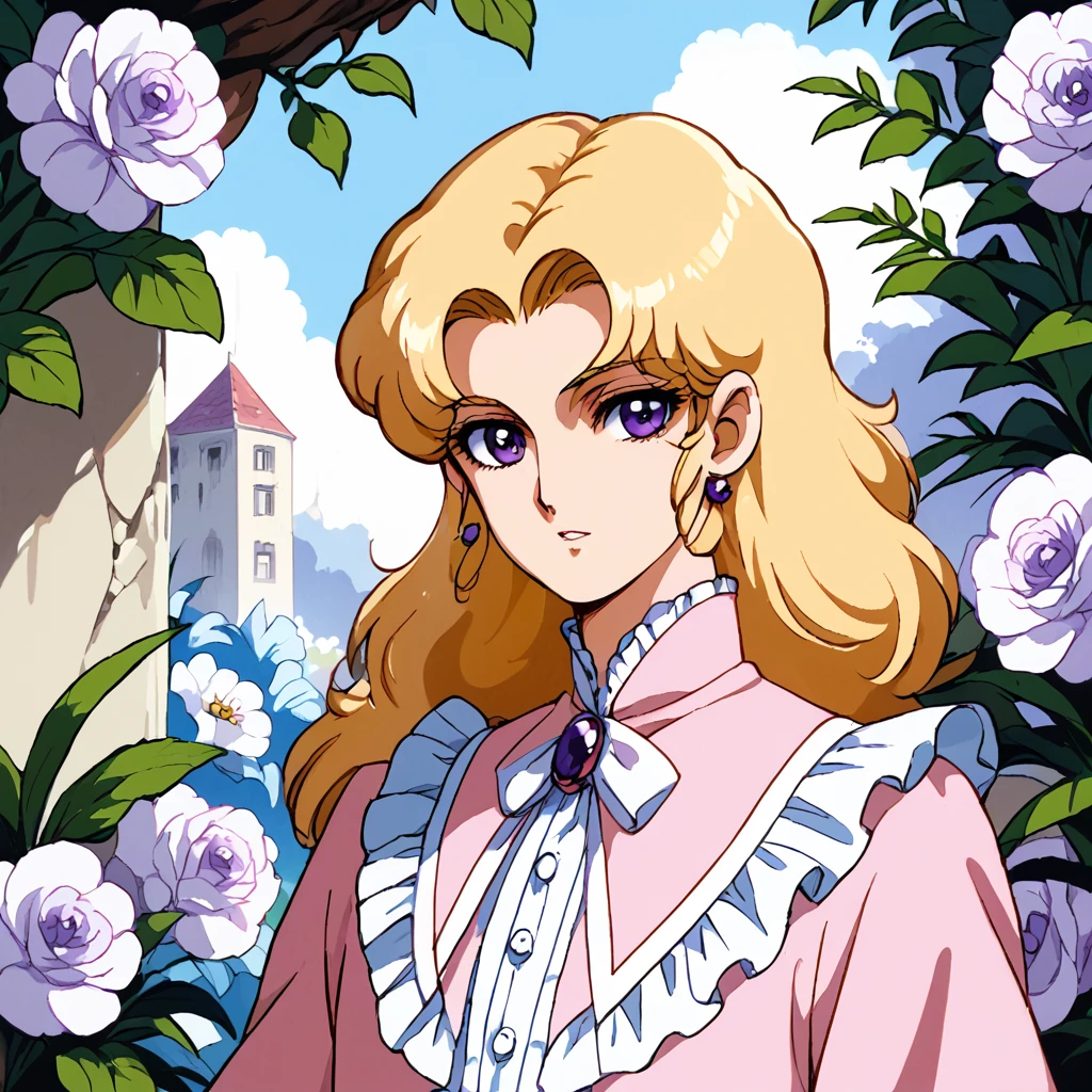 retro anime, solo male, beautiful face, purple eyes, blond hair, frilly shirt, drapes, flowers, <lora:patallirokiP:0.7>, (score_9, score_8_up, score_7_up)