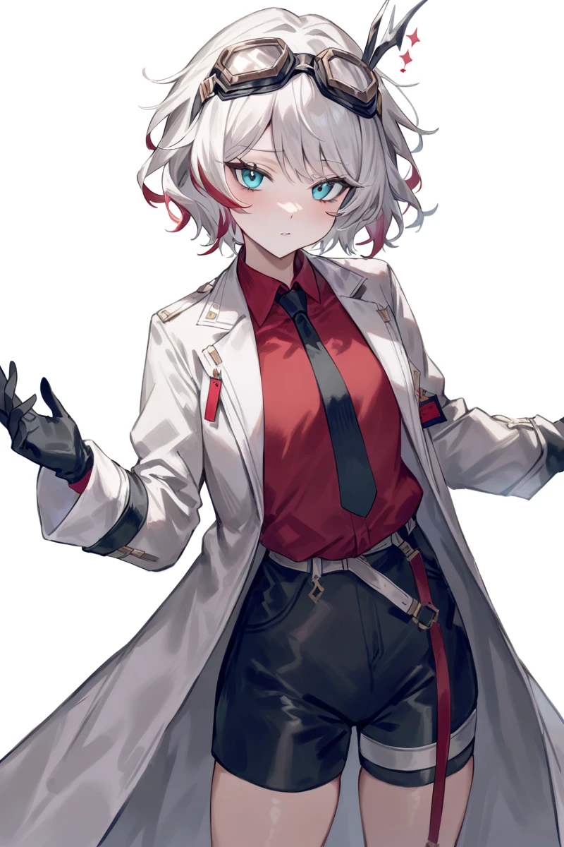 ,sephie,solo,gloves,shirt,goggles,white background,white coat,shorts,red shirt,coat,black gloves,looking at viewer,collared shirt,simple background,belt,long sleeves,goggles on head,black shorts,open coat,bangs,1girl,77gl, <lora:sephie-000012:0.8>, masterpiece, best quality, very aesthetic, absurdres