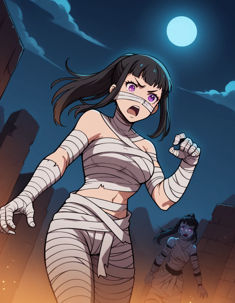 score_9, score_8_up, score_7_up, source_anime, <lora:maki-oze-s1s2-ponyxl-lora-nochekaiser:1>, maki oze, long hair, bangs, black hair, purple eyes, ponytail, medium breasts,, <lora:mummy-costume-ponyxl-lora-nochekaiser:1>, mummy costume, bandages, halloween costume, bandaged arm, zombie pose, bandage on face,, desert, moon, night, open mouth, , dutch angle, cowboy shot