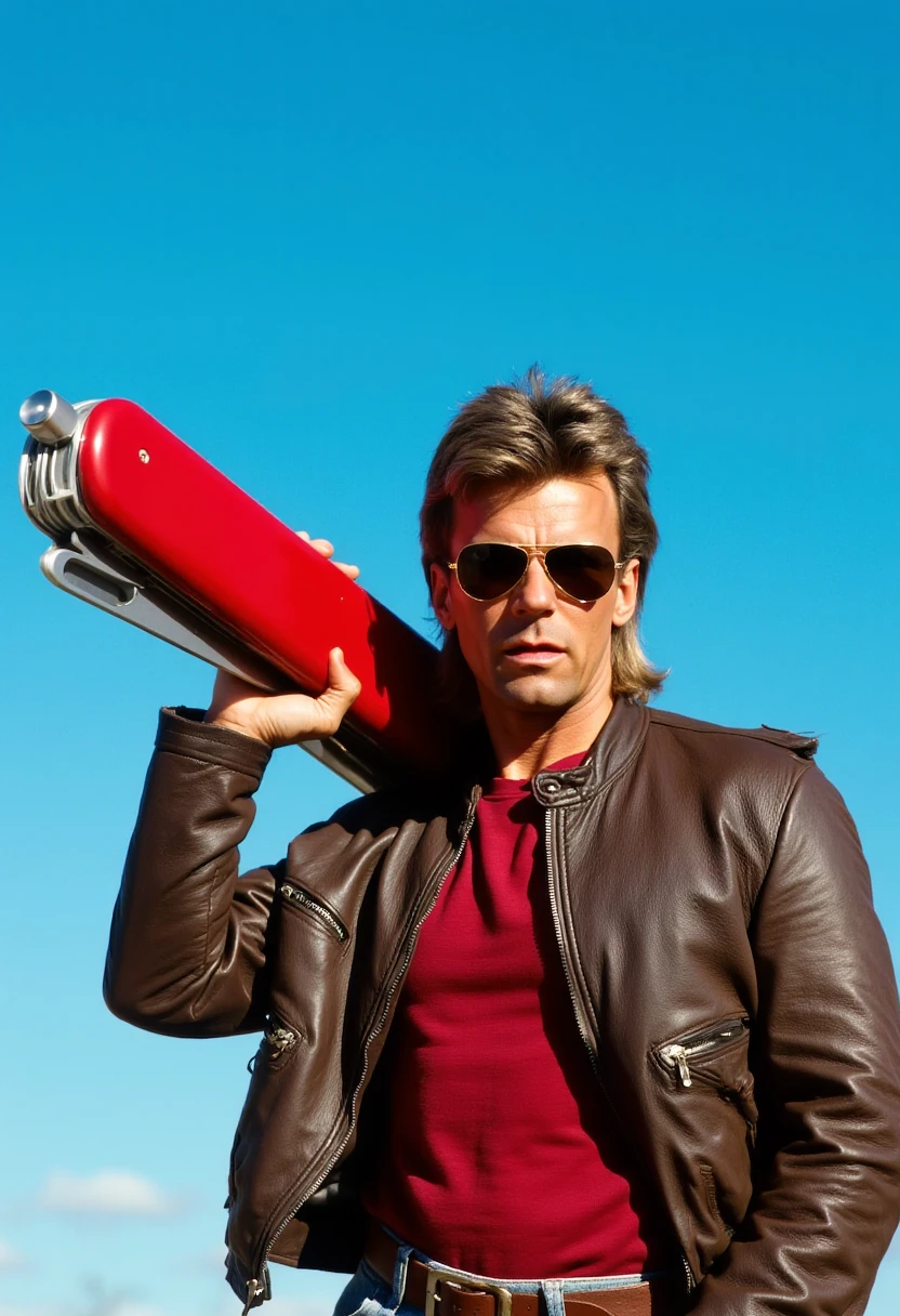 This image is a photograph featuring a man holding a huge, oversized red Swiss army knife against his shoulder. The man is centrally positioned in the frame, standing against a clear, vivid blue sky, indicating a bright, sunny day. He has short, slightly tousled, dark brown hair that complements his rugged, masculine appearance. He wears aviator sunglasses with reflective lenses, which obscure his eyes, adding a sense of mystery and coolness to his expression. The man is dressed in a brown leather jacket and a red shirt, which contrasts sharply with the blue sky and the red Swiss army knife, making him stand out prominently. The background is minimal, focusing all attention on the man and the knife, which adds a sense of drama and tension to the image. The overall composition and lighting suggest a high-energy, action-packed scene, possibly from a movie or a still from a movie. M4CGYV3R