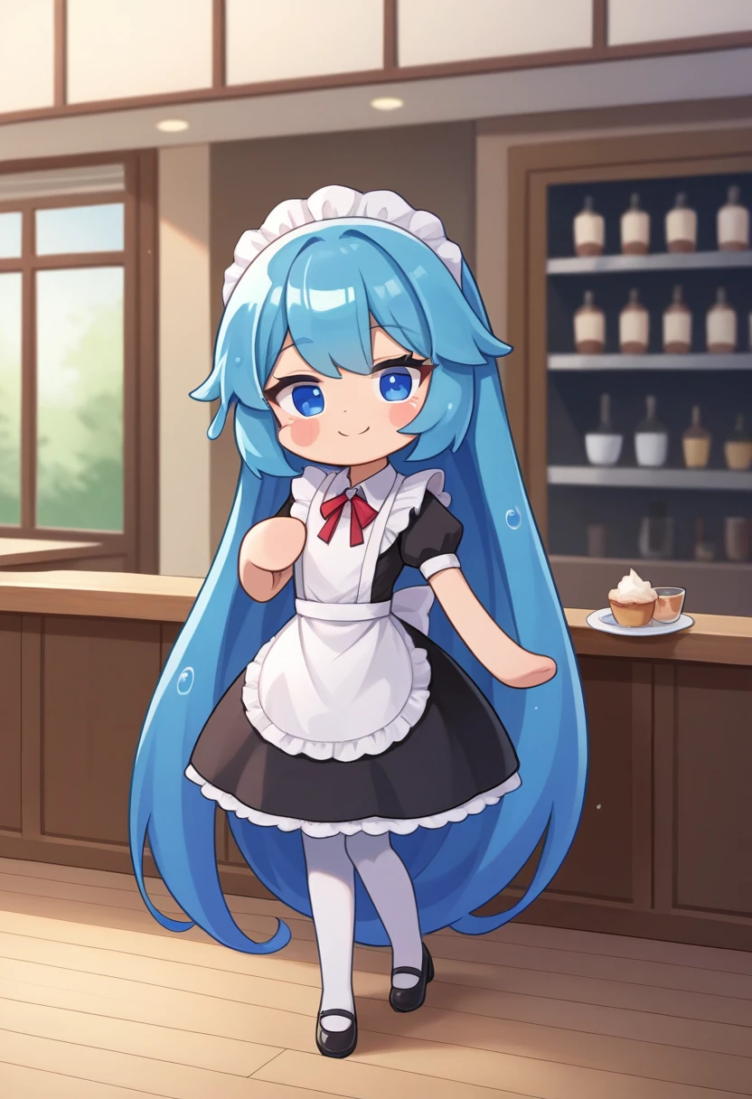 score_9, score_7_up, source_anime, BREAK
creamsoda, antro, female, 1girl, solo, long hair, looking at viewer, smile, blue eyes, cafe, maid outfit, maid headdress, very long hair, blue hair, full body, blush stickers, absurdly long hair, liquid hair, 