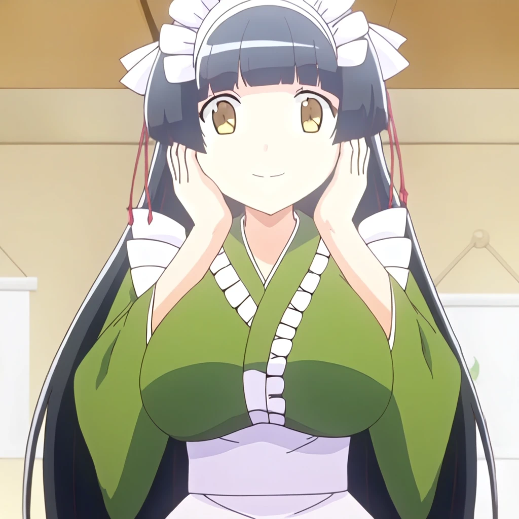 misaki sayama, black hair, long hair, blunt bangs, sidelocks, hair bow, white bow, hair ornament, yellow eyes, maid headdress, wa maid, japanese clothes, green kimono, long sleeves, wide sleeves, maid apron, white apron, waist apron, happy, indoors, bedroom, large breasts, 1girl, standing, looking at viewer, upper body, smile, closed mouth, hands on own cheeks,