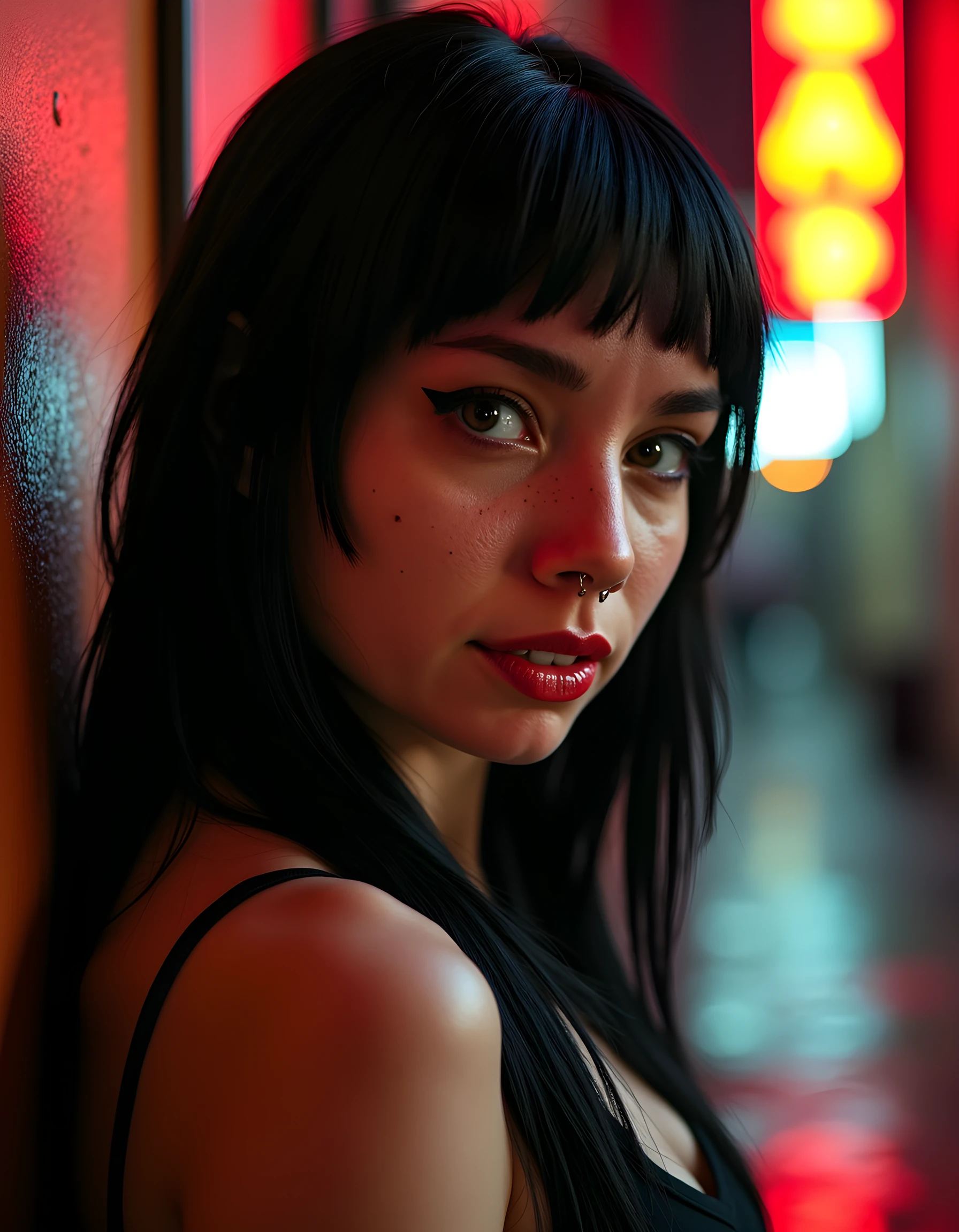 In a gritty, neo-noir setting, H4R0P0N3S, a woman of striking beauty with black hair cascading down her back like a waterfall, is captured in a dramatic close-up shot. Her piercing black eyes, framed by thick lashes and a prominent mole below the left eye, stare intensely into the camera lens. The lighting is dim, casting deep shadows across her chiseled features. Her lips are painted a vibrant red, contrasting sharply with her stark white teeth that flash in a knowing smile. The background reveals a rain-soaked alleyway, lit by the neon glow of a nearby sign, while a single drop of rain trickles down her cheek, adding to the emotional tension and mystery surrounding this solitary figure.