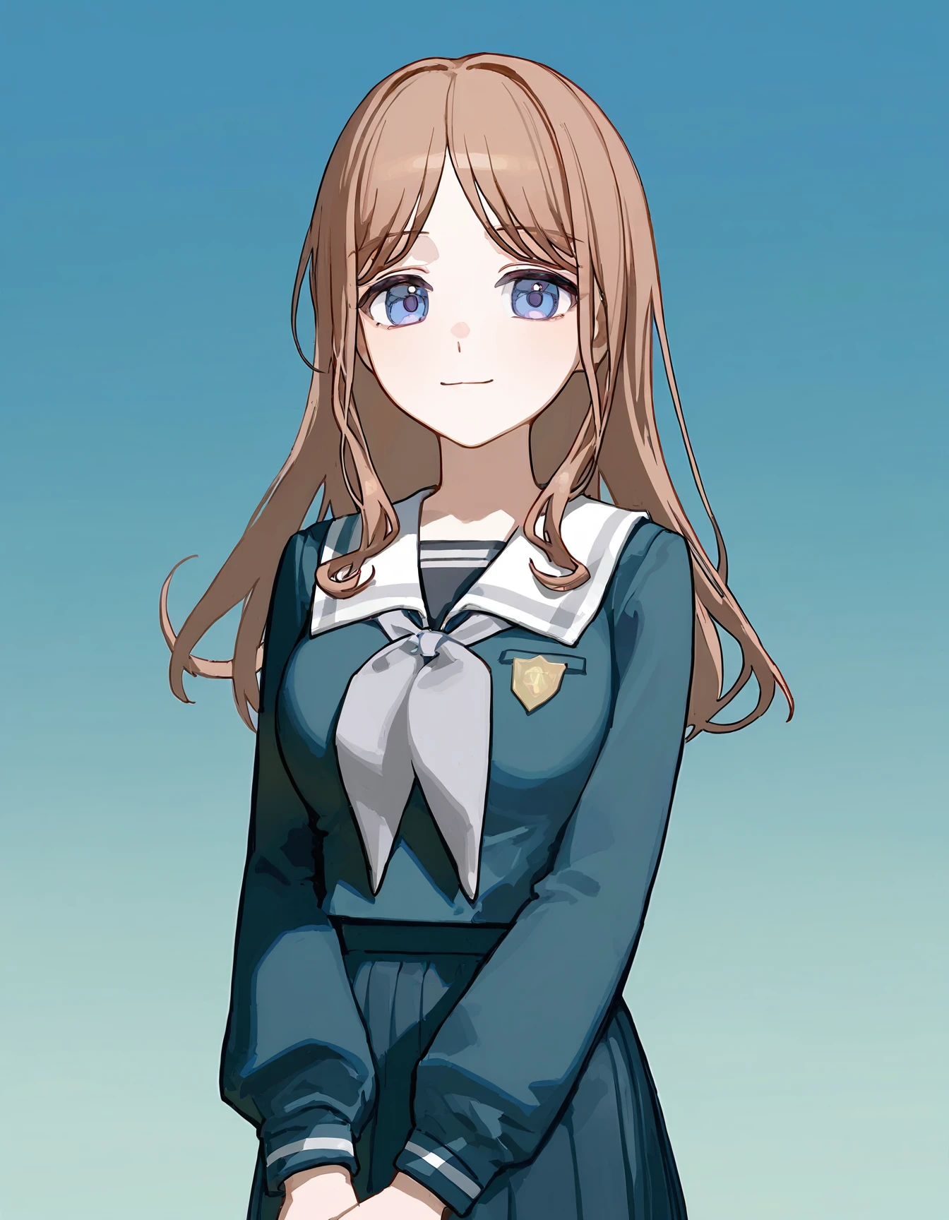 <lora:MyGo_IlluXL:0.8>, 1girl, solo, nagasaki soyo, brown hair, cowboy shot, school uniform, blue serafuku, long sleeves, pleated skirt, blue skirt, white sailor collar, grey neckerchief, light smile, breasts, looking at viewer, gradient background, light blue background,, best quality,masterpiece,highres,[[tianliang_duohe_fangdongye,ningen_mame,ciloranko]], (fkey:0.5), (sushineko8:0.3),