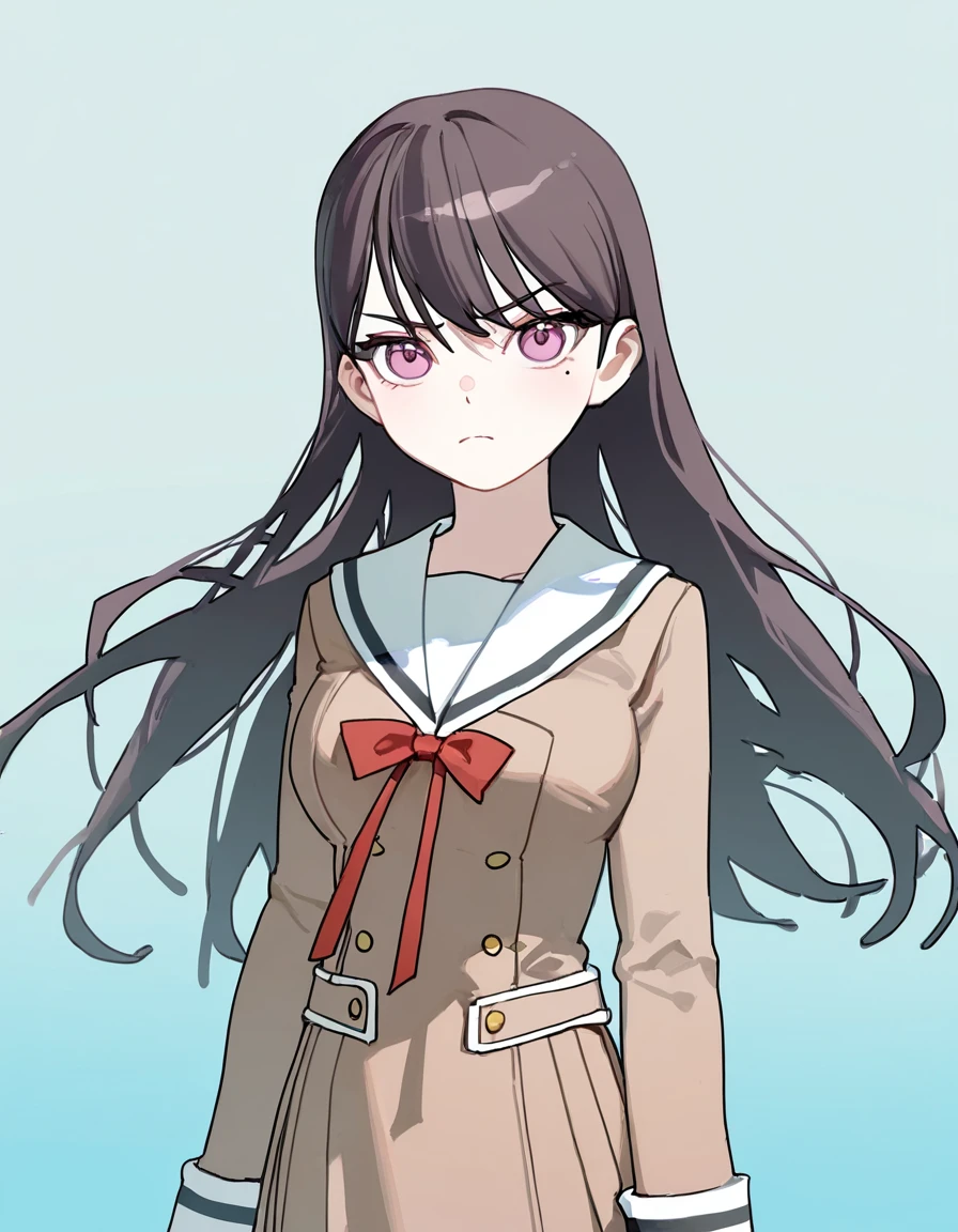 <lora:MyGo_IlluXL:0.8>, 1girl, solo, shiina taki, mole under eye, school uniform, hanasakigawa school uniform, brown dress, long sleeves, red ribbon, neck ribbon, double-breasted, white sailor collar, light frown, medium breasts, looking at viewer, cowboy shot, gradient background, light blue background, (jyt:0.3),, best quality,masterpiece,highres,[[tianliang_duohe_fangdongye,ningen_mame,ciloranko]], (fkey:0.6), (sushineko8:0.3),