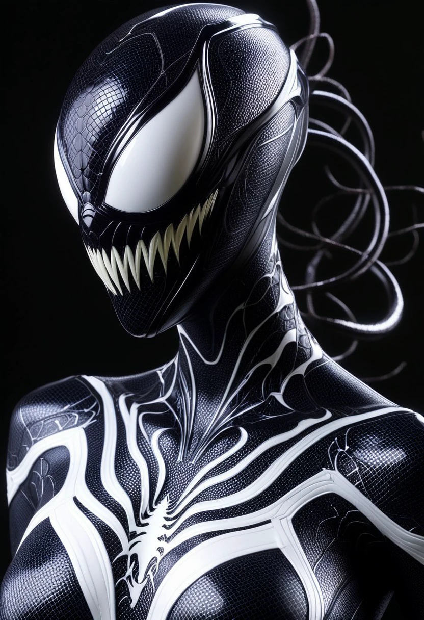 (High quality), (masterpiece), (detailed), 8K, Hyper-realistic portrait of a woman, her upper body adorned in Venom's iconic black and white symbiote suit, the intricate pattern resembling a vespid's exoskeleton. (Intense gaze1.2) meets the viewer, while (symbiote tendrils1.3) frame her face, creating a captivating and eerie atmosphere.