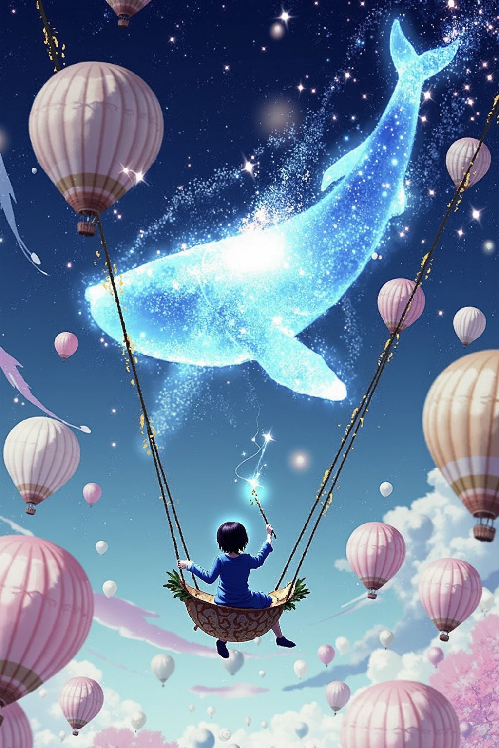 This image presents a vibrant, whimsical scene that combines elements of fantasy, flight, and exploration. The central focus is a glowing, ethereal whale-like creature made of light or water, gracefully swimming through a vast sky filled with stars and balloons. The whale is translucent and radiant, with colors of electric blue and white, creating a sense of wonder and magic.
Below the whale, the sky is filled with numerous hot air balloons, each decorated with soft pastel tones of pink, white, and beige. The balloons appear to be floating peacefully through the sky, adding a sense of calm and serenity to the otherwise dynamic scene. Some of the balloons are tethered to the ground, while others float freely, symbolizing a sense of adventure and exploration.
In the foreground, a young figure sits on a fantastical, ornate swing, suspended in the sky. The figure seems to be either a child or a young person, wearing a blue outfit and holding a magical staff or wand that seems to interact with the whale above. The swing itself is decorated with intricate details, and the character seems to be suspended high above the clouds, looking up at the magnificent whale.
The background is a mixture of a starry night sky and soft, dreamy clouds, with occasional streaks of light from shooting stars or comets. There is an air of celebration, freedom, and discovery, as if the character is participating in a grand, whimsical journey through the sky.
Overall, the image evokes a sense of joyful adventure, blending elements of fantasy with the excitement of exploration and flight. The glowing whale, the balloons, and the character on the swing all contribute to a dreamlike atmosphere, where the boundaries between imagination and reality seem to blur.
,  <lora:makinaflux_bluedream_v1.0:1>