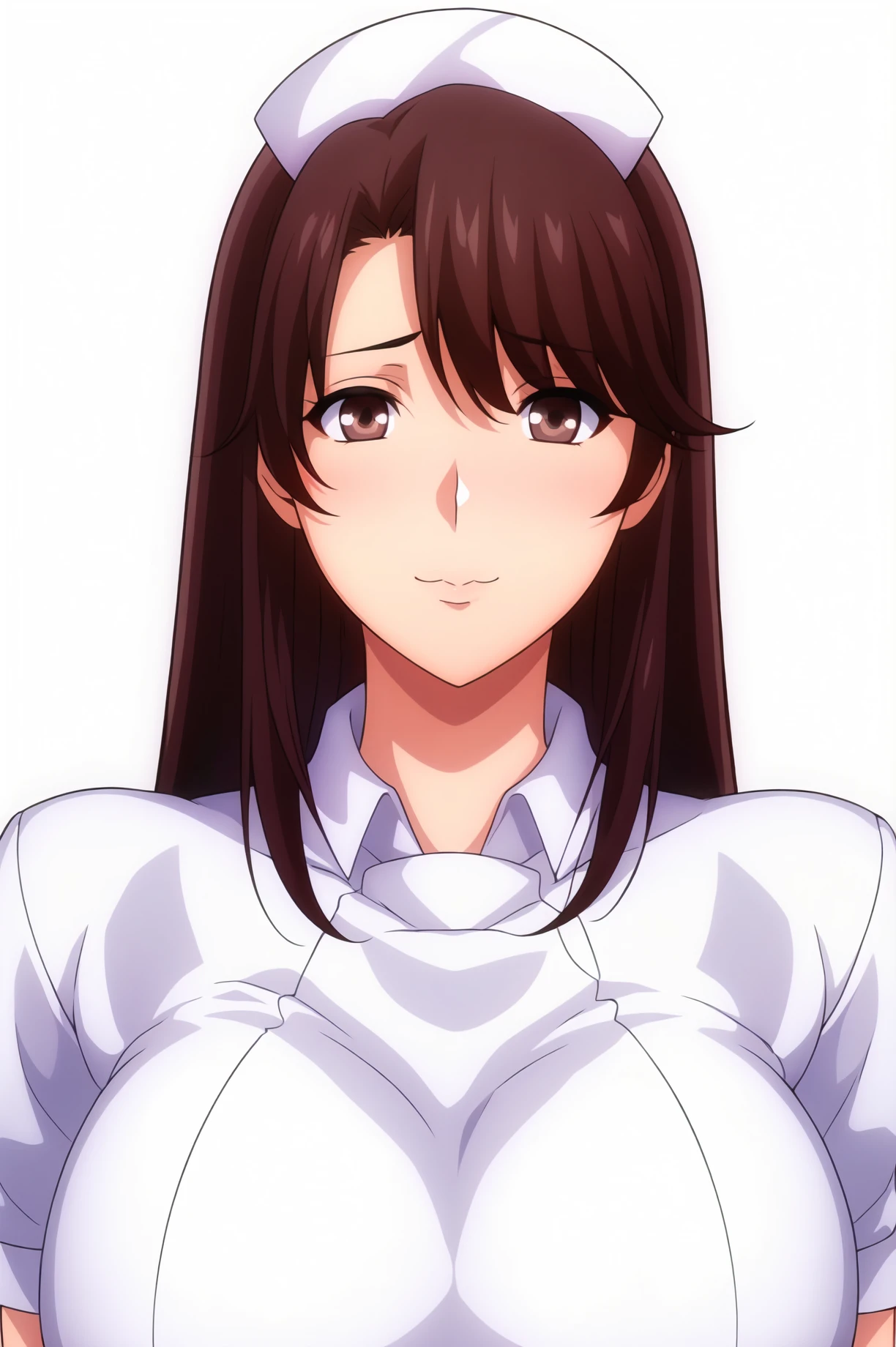 Simple Background,(White_Background:1.1),
dynamic pose,standing at attention,
nurse cap, nurse, White shirt, White pencil skirt, short sleeves,
<lora:NurseA_SakuseiByoutou-KK77-V1:0.7>, NurseA_SakuseiByoutou,
brown eyes, brown hair,bangs,Long hair,Makeup, red lipstick, 
<lora:more_details:0.1>,<lora:NovelAI_YesMix5_KKStyle-KK77-Yes5-V1:0.3>,<lora:Oda_Non_Style2-KK77-Yes5-V1:0.3>,
1 girl, 20yo,Young female,Beautiful long legs,Beautiful body,
Beautiful Nose,Beautiful character design, perfect eyes, perfect face,expressive eyes,perfect balance,
looking at viewer,(Focus on her face),closed mouth, (innocent_big_eyes:1.0),(Light_Smile:0.3),
official art,extremely detailed CG unity 8k wallpaper, perfect lighting,Colorful, Bright_Front_face_Lighting,White skin,
(masterpiece:1.0),(best_quality:1.0), ultra high res,4K,ultra-detailed,
photography, 8K, HDR, highres, absurdres:1.2, Kodak portra 400, film grain, blurry background, bokeh:1.2, lens flare, (vibrant_color:1.2),professional photograph,
(Beautiful,large_Breasts:1.4), (beautiful_face:1.5),(narrow_waist),