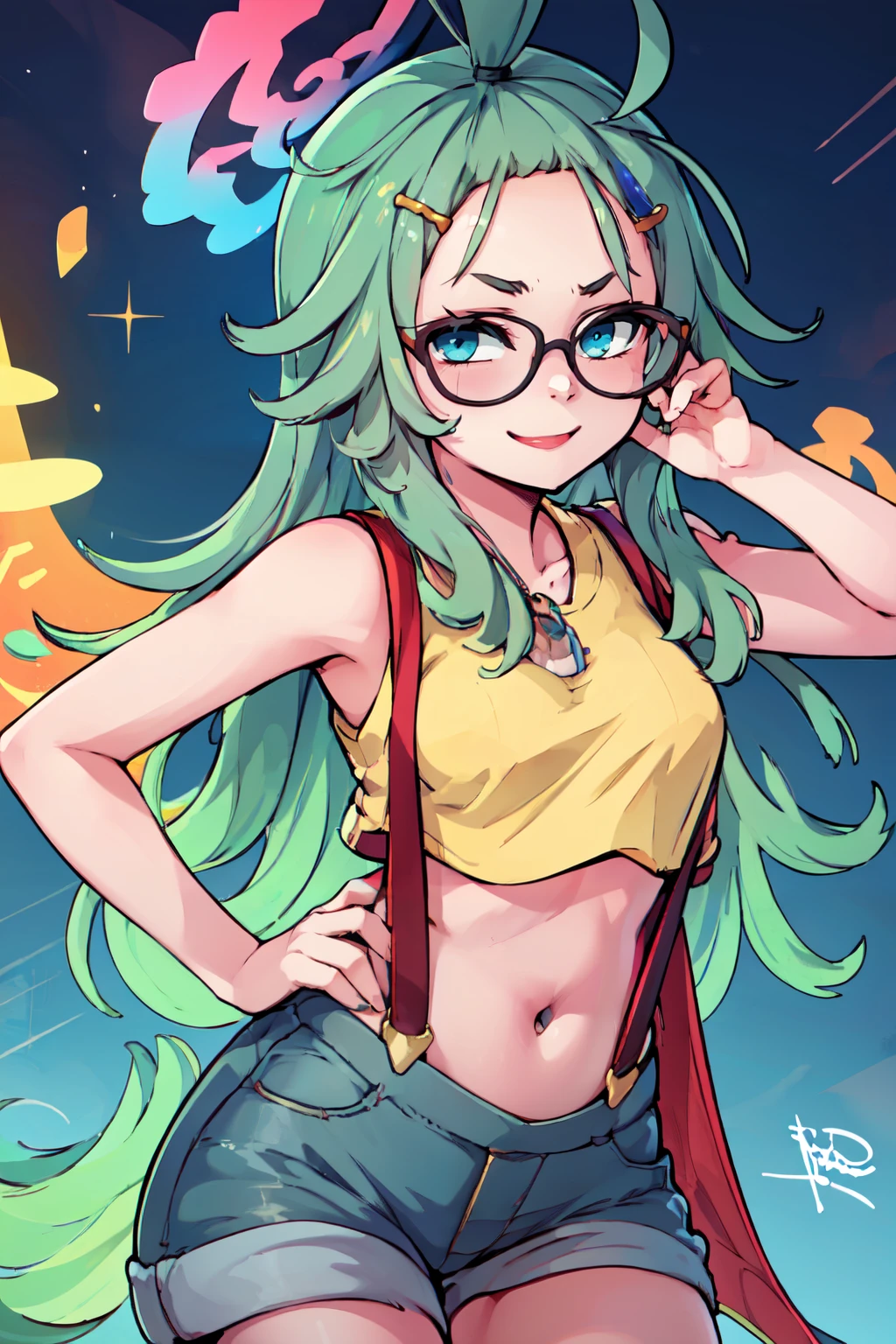 ((masterpiece,best quality)), absurdres,  BREAK, , <lora:Meru_BlueArchive_Citron:0.8>,, zzMeru, long hair, glasses, hair ornament, hairclip, halo, blue eyes, green hair, black-framed eyewear, ahoge, , BREAK,  <lora:Misty_Pokemon_Cosplay_v3:0.8>,  misty (pokemon) (cosplay), yellow crop top, suspenders,, BREAK, solo, smile, looking at viewer, cowboy shot,