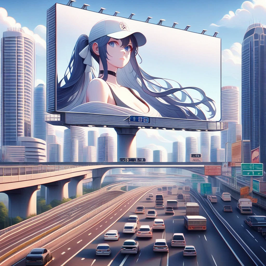 B1llbo4rd, 1girl, lips, street, bare shoulders, car, skyscraper, scenery, cleavage, tank top, outdoors, traffic light, day, train, blue sky, closed mouth, baseball cap, black choker, cloud, black hair, road sign, city, ribbon, crosswalk, building, blue eyes, long hair, truck, motor vehicle, ground vehicle, hat, breasts, cityscape