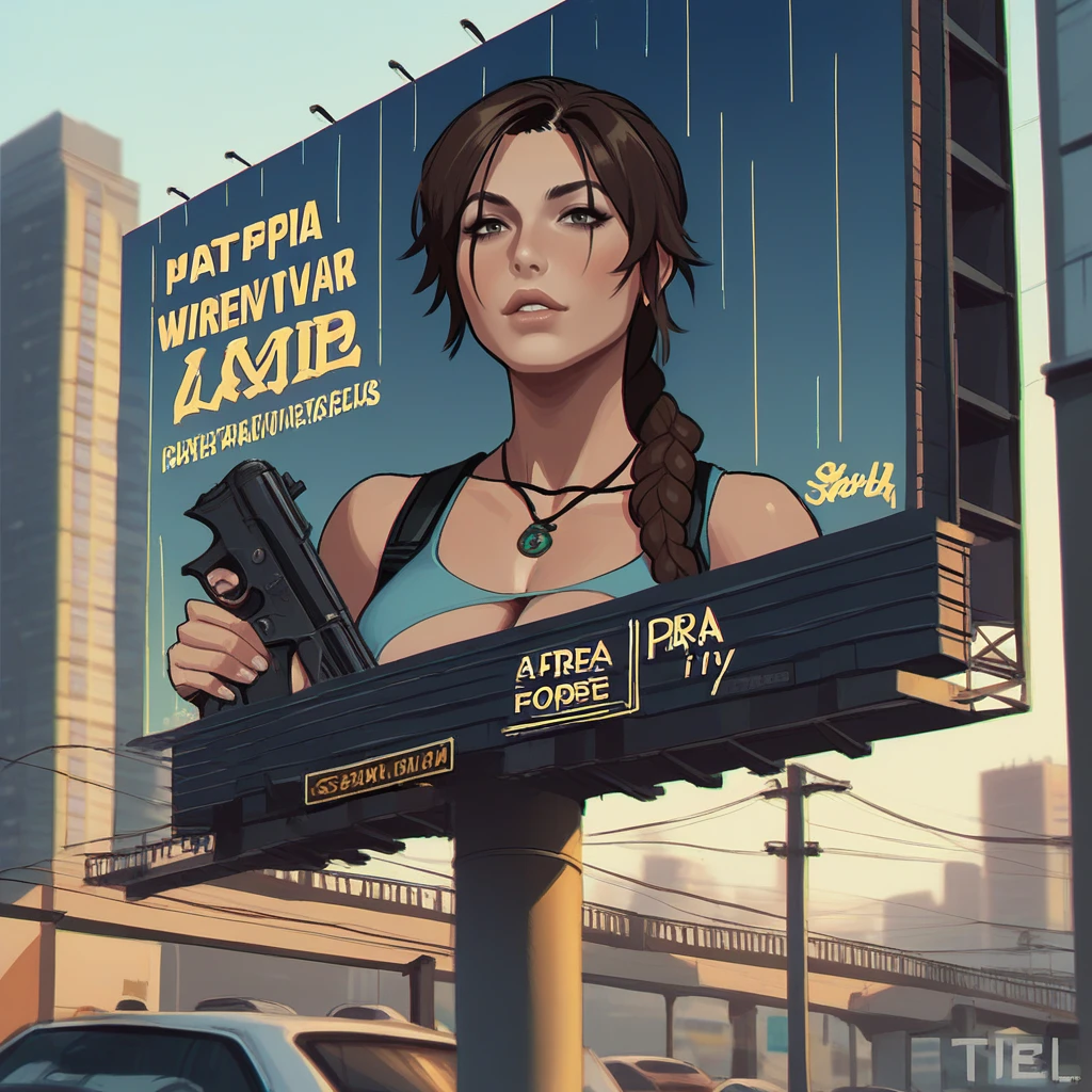 score_9, score_8_up, score_7_up, score_6_up, score_5_up, score_4_up, zPDXL2,source_anime,rating_questionable, <lora:Billboard:0.8> b1llbo4rd, billboard, advertisement, day time, urban, lara croft, gun