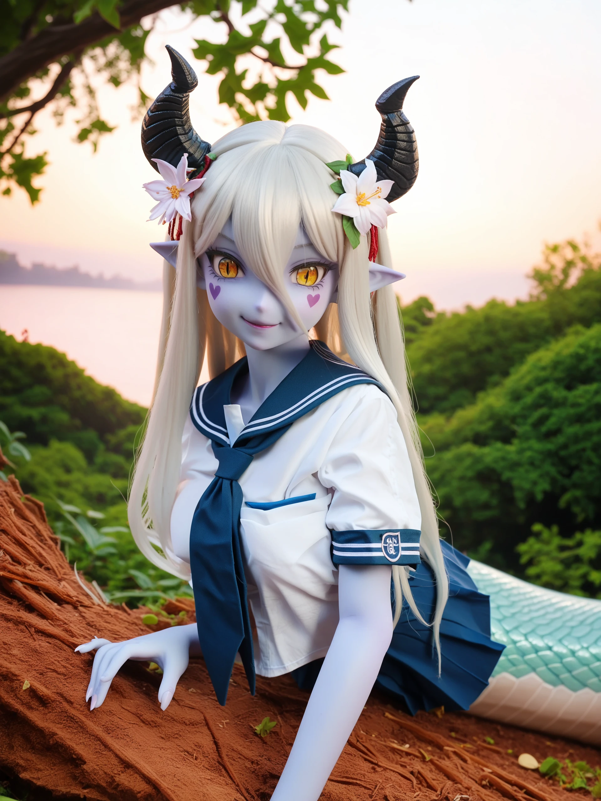 score_9,score_8_up,score_7_up,photo background,
1girl, Alice, face marking, breast marking, thigh marking, arm marking, hair flower, hair ornament, colored skin, blue skin/grey skin, horns, pointy ears, yellow eyes, slit pupils, bangs, hair between eyes, sidelocks, white hair, sunset, smile, outdoors, forest, anime screencap, lamia, pointy ears, yamaku school uniform