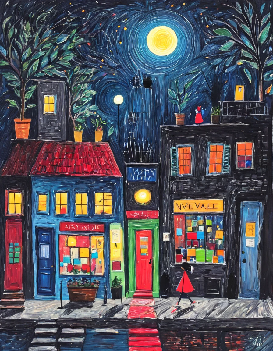 novuschroma style city street scene at night naive art