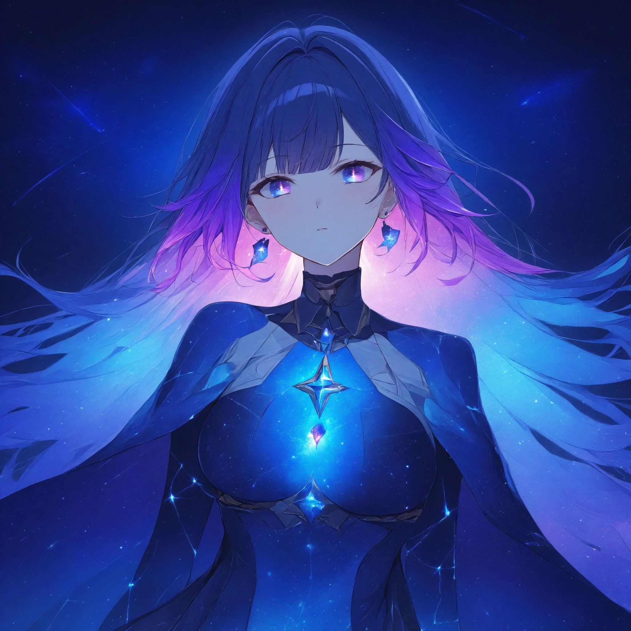 (Score_9, score_7:0.6), (masterpiece, best quality, good quality, newest:0.6),  1girl, blue eyes, purple eyes, galaxy eyes, multicolored eyes, gradient eyes, galaxy hair, multicolored hair, stars in hair, earrings, choker, necklace, fingerless gloves, cape, glowing cape, floating cape, glowing eyes, glowing hair, flying, levitation, glowing galaxy dress, galaxy skin, liquid skin, multicolored skin, (abstract:0.6),  neon, <lora:Glowing_Spot_Color_-_Illustrious-000006:0.8>