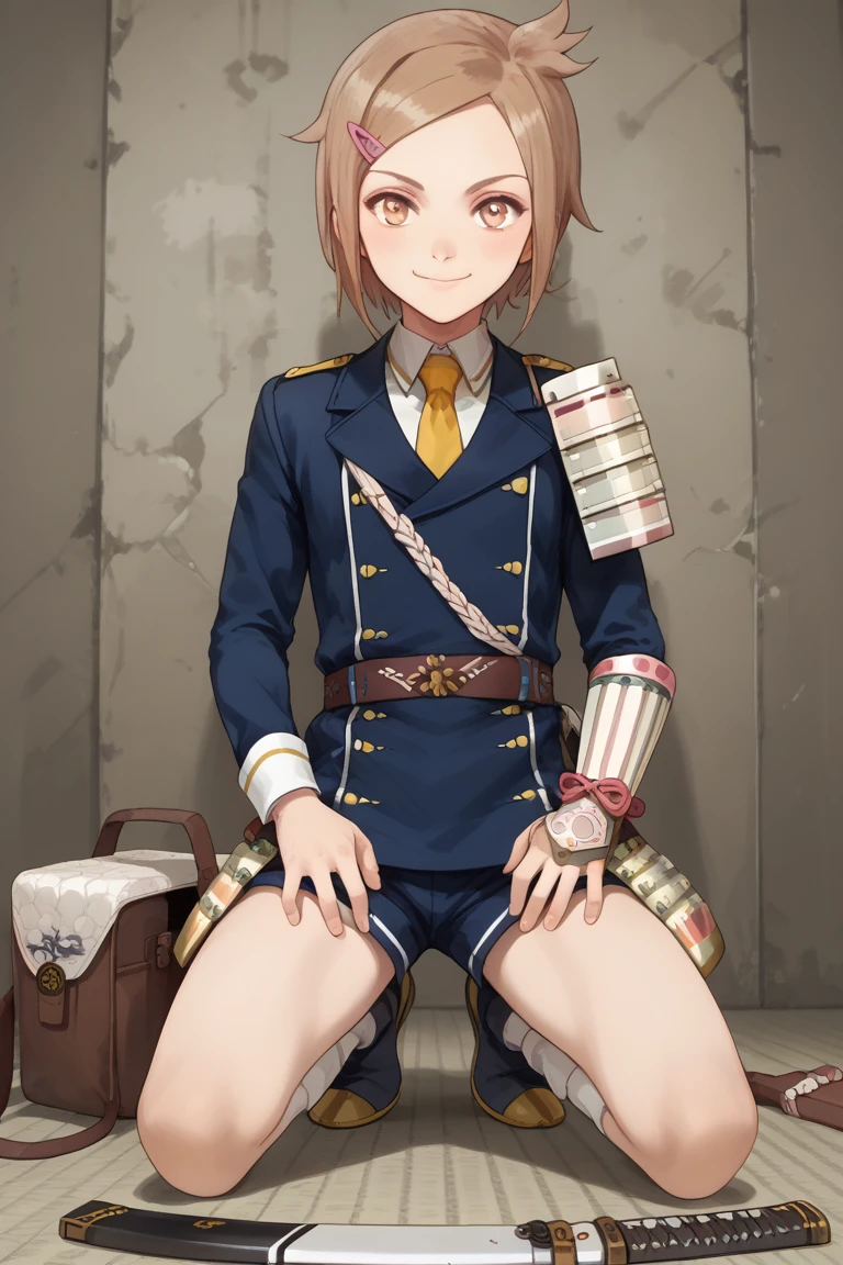 score_9, score_8_up, score_7_up, score_6_up, Houchou toushirou, brown hair, brown eyes, japanese armor, 1boy, male focus, military uniform, tantou, military, solo, sode, uniform, messenger bag, armor, necktie, shorts, shoulder armor, short sword, hair ornament, weapon, hairclip, smile, sword, bag, kote, sheath, shoulder bag, kneeling, sheathed