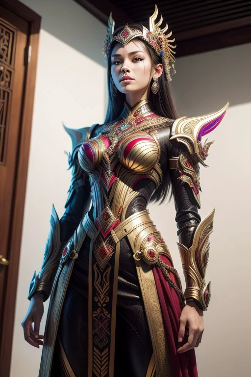 (high quality), (masterpiece), (detailed), 8K, Hyper-realistic painting of a young Indonesian woman wearing a futuristic suit that blends traditional patterns and vibrant colors, showcasing the rich heritage of Indonesia. She stands confidently in a dynamic pose, her detailed eyes reflecting determination and curiosity. The suit's material is a combination of traditional textiles and futuristic synthetic fabrics, giving it a unique and avant-garde appearance. Physically-based rendering techniques create realistic lighting and shadows, while the vivid colors capture the essence of Indonesian cultural aesthetics. The background features a fusion of modern architecture and traditional elements, creating a harmonious blend of the past and the future. This artwork explores the intersection of Indonesian culture, futuristic design, and the artistic representation of a confident girl.