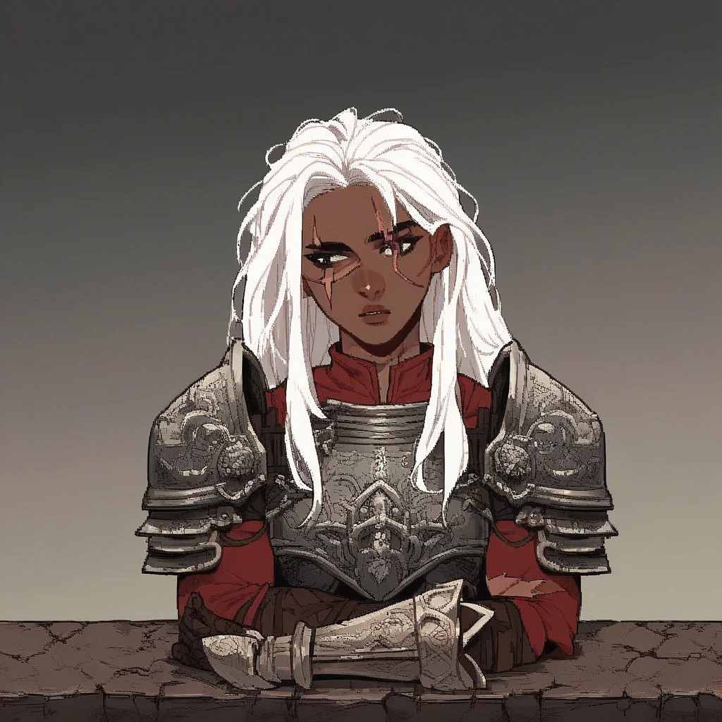 female focus, solo focus, solo, score_9, score_8_up, score_7_up, Blasphemousstyle, <lora:BlasphemousStyle:1> 1 girl, dark skin, dark-skinned female, white hair, long hair, scar, scars, armor, plate armor,