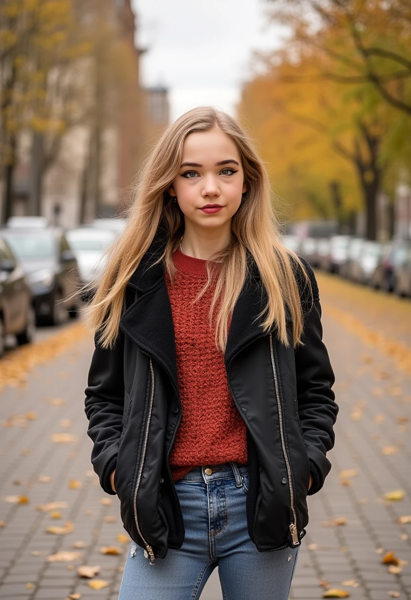 an amateur photo of naomiseibt, a small and slim young woman, wearing lipstick and modest casual autumn clothes and jeans on a sunny autumn day.