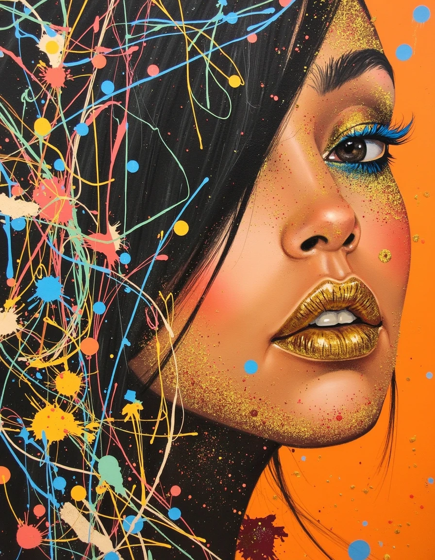 dcho, woman with black hair covering one eye, fuzzy blurry mouth, gold black glitter eye shadow, surrounding her is a barrage of colorful thin line scribbles painted with splatter, orange black hazy background