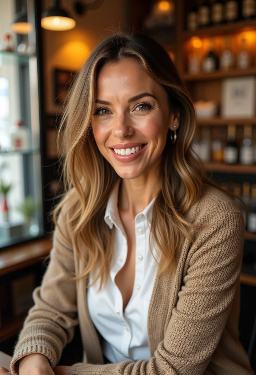 High quality photo, portrait of a 45yo woman wearing a casual chic outfit. She has a neutral, relaxed expression with her lips partly open, revealing prominent white teeth. Sitting at the counter in a beautiful italian cafe, warm atmosphere.