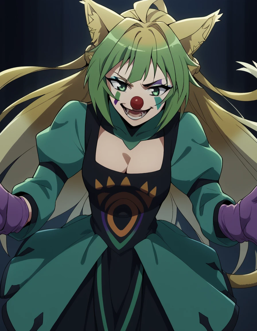 score_9, score_8_up, score_7_up, source_anime, <lora:atalanta-apocrypha-s1-ponyxl-lora-nochekaiser:1>, atalanta, animal ears, blonde hair, cat ears, cat girl, cat tail, green eyes, green hair, hair between eyes, long hair, multicolored hair, tail, medium breasts,, <lora:clown-ponyxl-lora-nochekaiser:1>, clown, makeup, clown nose, facepaint, gloves, long sleeves, frills, dress,, smile, open mouth, smug, , dutch angle, cowboy shot