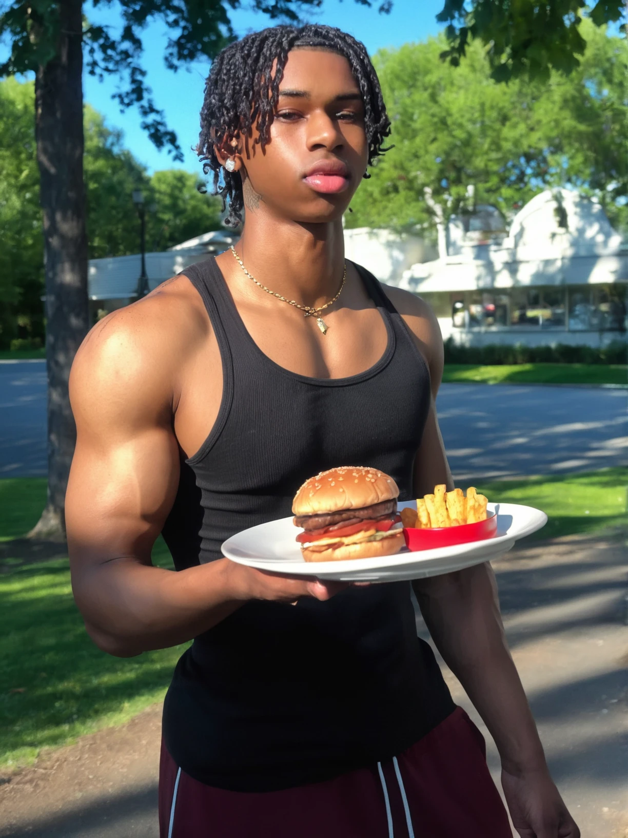 score_9, score_8_up, score_7_up, solo, photo,\(medium\)  <lora:NW(Naj1wh1te)SDXL:1> Naj1wh1te, young man, 19yo, teen boy, muscle boy, black boy, full thick lips, 1boy, male focus, solo, necklace, food, dark skin, realistic, black hair, outdoors BBQ, dark-skinned male, tree, tank top, holding a burger, day, muscular, hamburger, bicep, vascularity, hyper detailed photorealistic life-like accurate proportional 8k sharp focus, accurate cinematic lighting, photorealistic detail, uncensored, <lora:add-detail-xl:0.5>