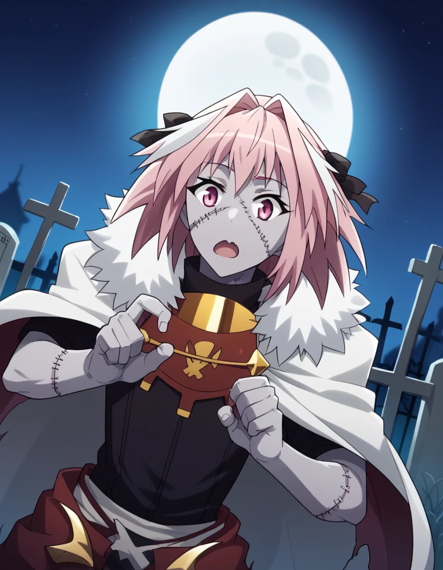 score_9, score_8_up, score_7_up, source_anime, <lora:astolfo-apocrypha-s1-ponyxl-lora-nochekaiser:1>, astolfo, long hair, pink eyes, hair ribbon, pink hair, braid, ahoge, white hair, male focus, multicolored hair, streaked hair, single braid, otoko no ko, long braid,, <lora:zombie-ponyxl-lora-nochekaiser:1>, zombie, colored skin, stitches, grey skin, multicolored skin, stitched face, zombie pose, halloween, halloween costume,, night, moon, graveyard, tombstone, grave, open mouth, , dutch angle, cowboy shot