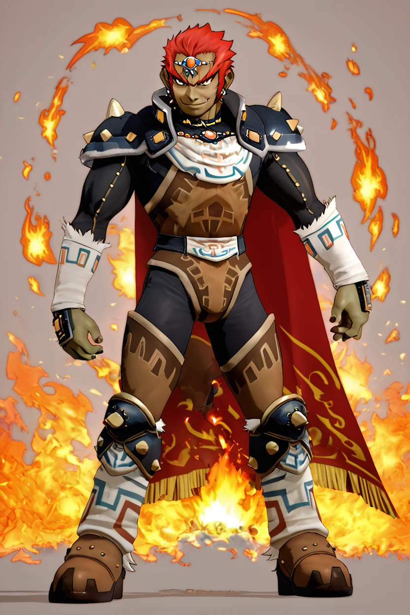 score_9, score_8_up, score_8,   BREAK, , ,,, zzGanondorf, 1boy, red hair, dark skin, armor, gloves, jewelry, boots, muscular, shoulder pads, short hair, cape, muscular,  fire, aura,  <lora:Ganondorf_OoTZelda_PDXL:0.8>,   ,,,, BREAK, smile, closed mouth, looking at viewer, cowboy shot,  ,,, embedding:zPDXL, Expressiveh, ,,, <lora:MantisStyle_PDXL_v2:0.8>, <lora:SDXLFaeTastic2400:0.5>, <lora:Expressive_H-000001:0.4>,